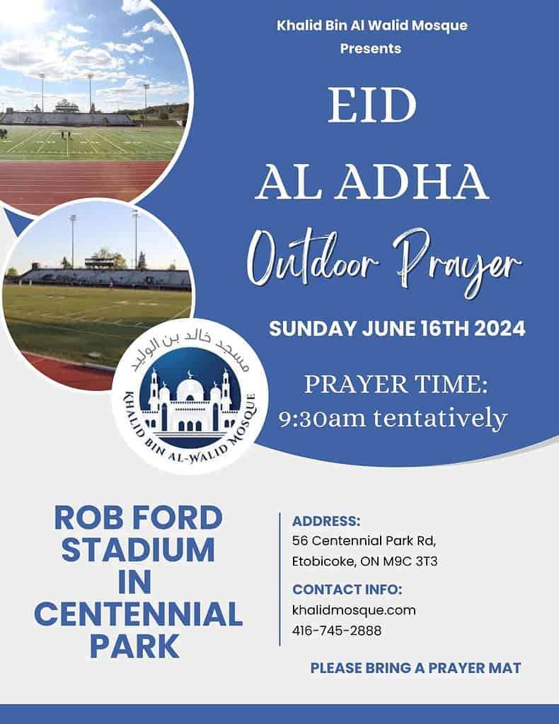 Eid ul adha 2024 poster from Khalid Mosque, Toronto, Canada